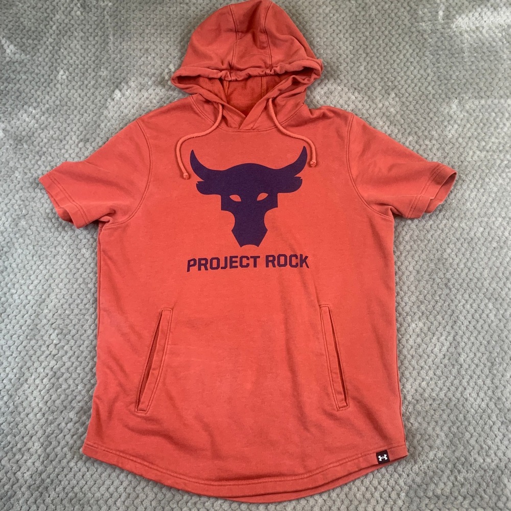 Under Armour Project Rock Brahma Bull‎ Short Sleeve Hoodie Mens Medium Orange